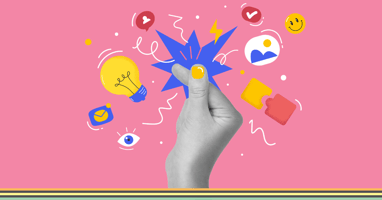 Paper cut outs of people with a yellow one in the middle with eyeglasses and cane