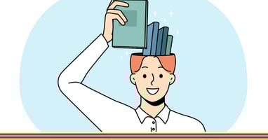 Illustration image of a boy with a hand putting another book into his head