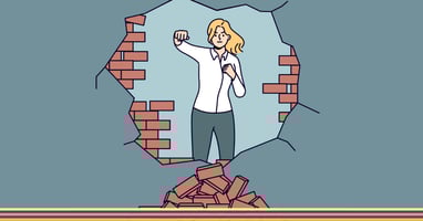 Illustration of a woman punching through a brick wall