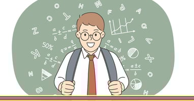 Illustration of a boy wearing glasses in school uniform with a backpack and a wall of maths code behind him