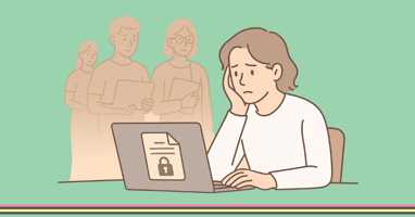 Woman worried about her documents being inclusive, silhouette of people behind her