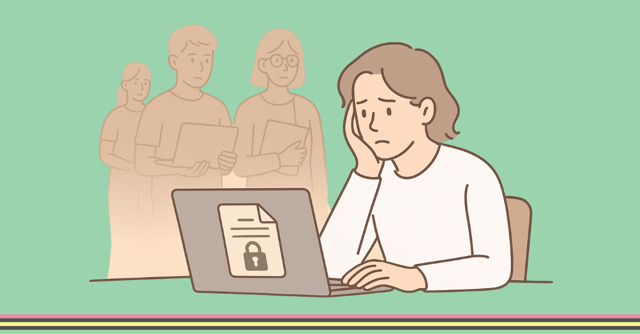Woman worried about her documents being inclusive, silhouette of people behind her