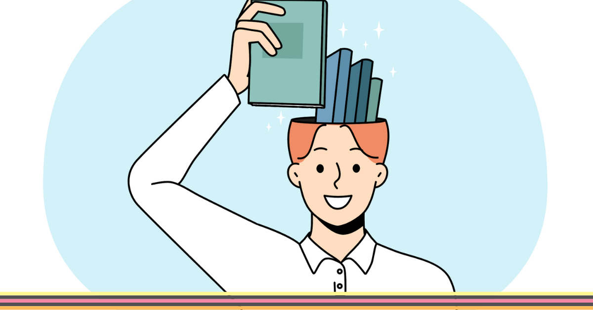 Illustration image of a boy with a hand putting another book into his head