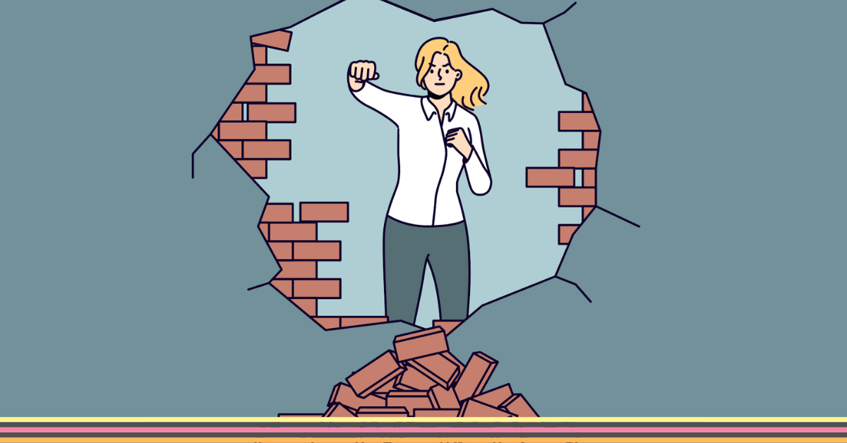 Illustration of a woman punching through a brick wall