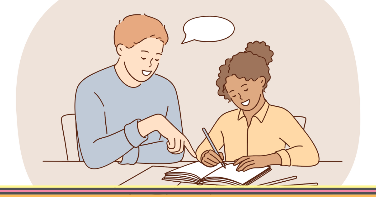 Illustration of a student writing in a book with a person sitting beside her pointing at her book