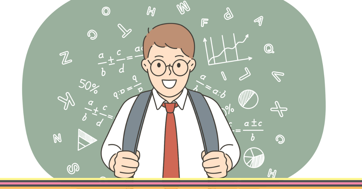 Illustration of a boy wearing glasses in school uniform with a backpack and a wall of maths code behind him