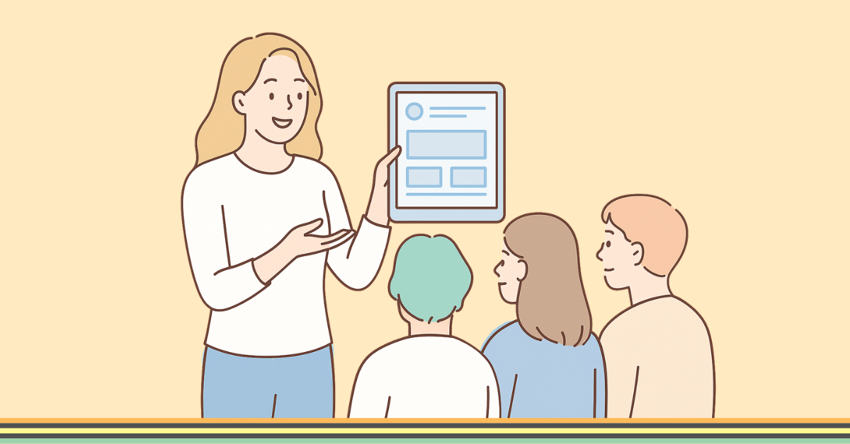 Teacher showing document to her students