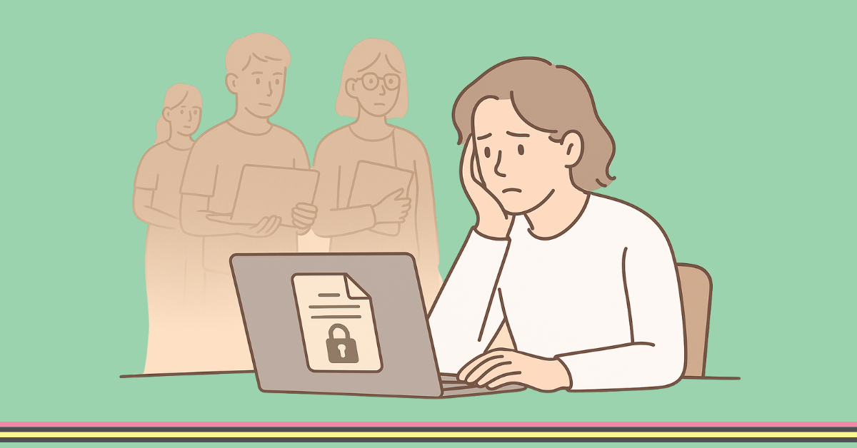 Woman worried about her documents being inclusive, silhouette of people behind her